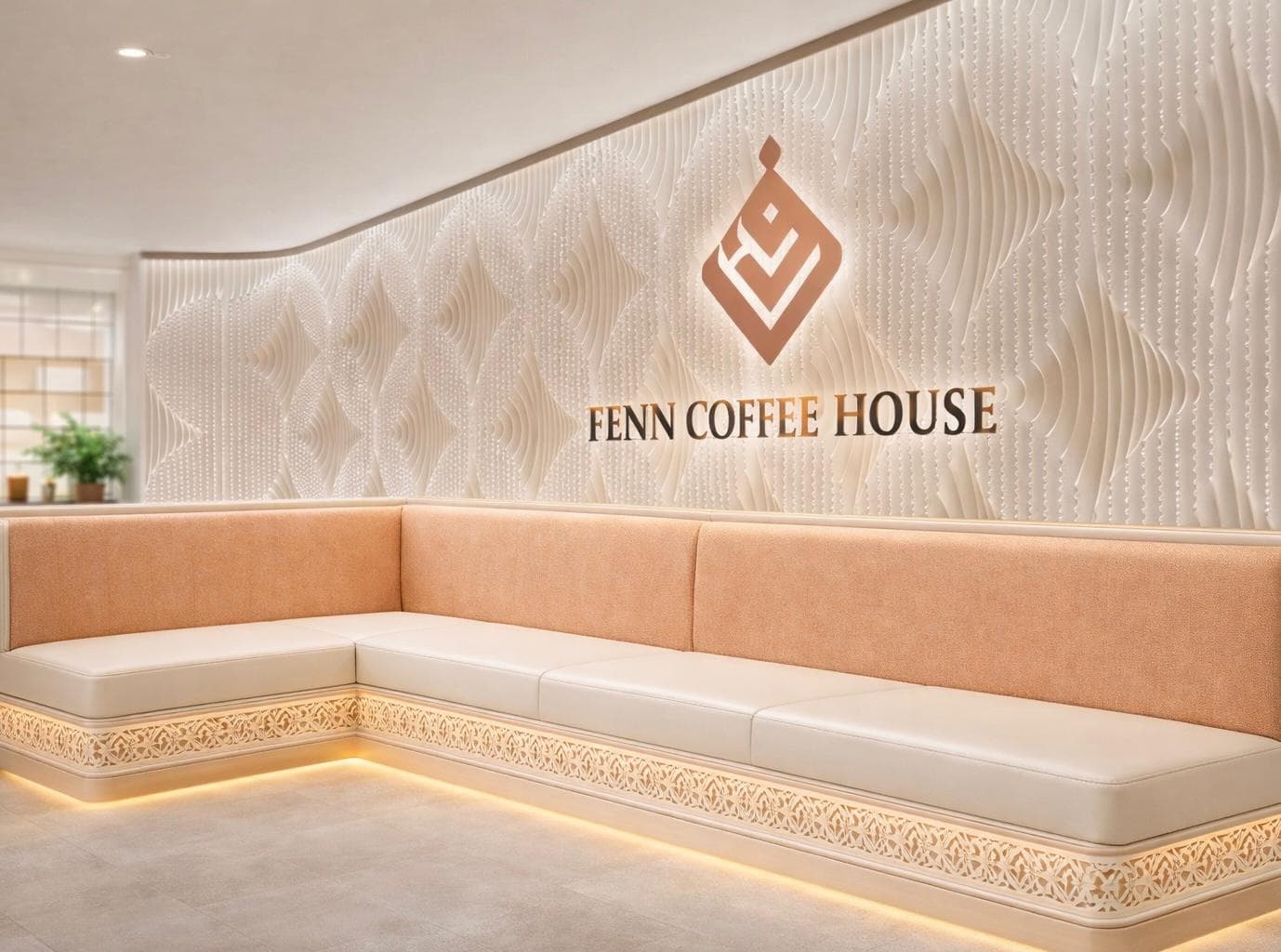 Warm Fenn Coffee House lounge seating with cream and rose-gold tones