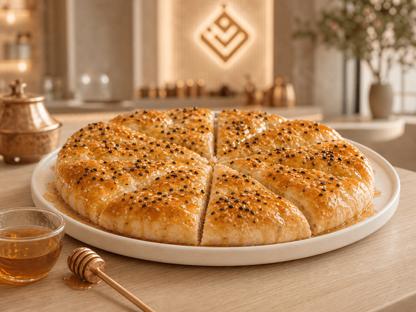 Round pizza-shaped honey bakery bread sliced into wedges on a white plate