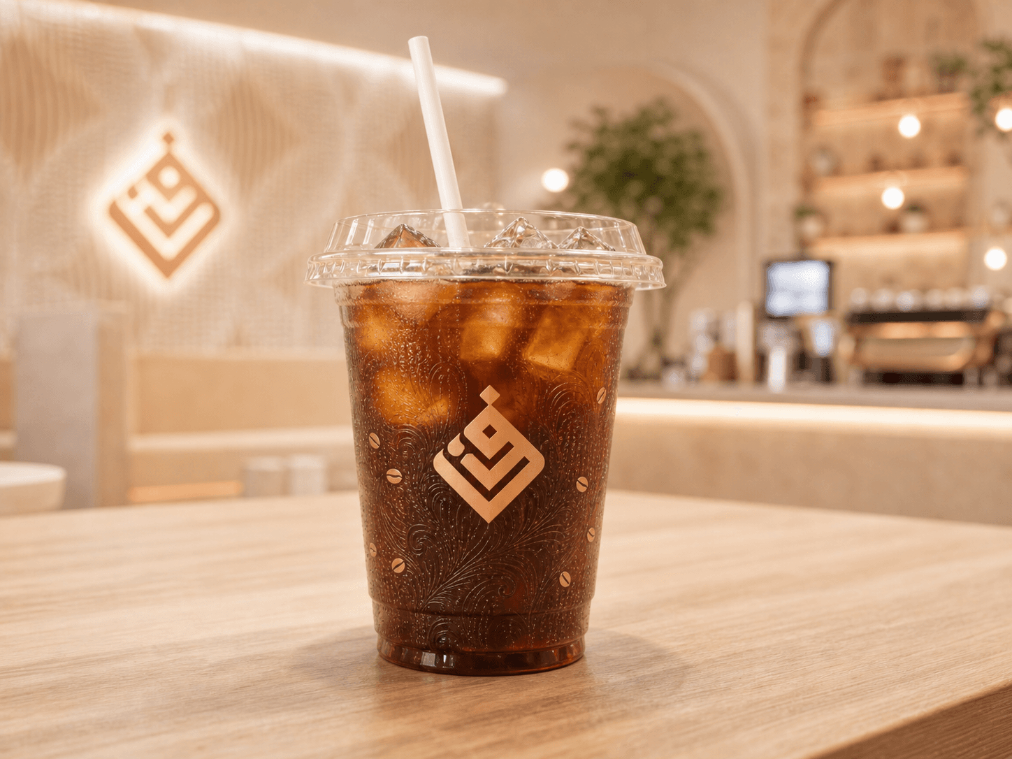 Iced Yemeni coffee in a clear branded cup on a warm cafe counter
